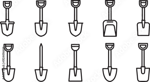 A collection of various shovels and spades in a row. Vector
