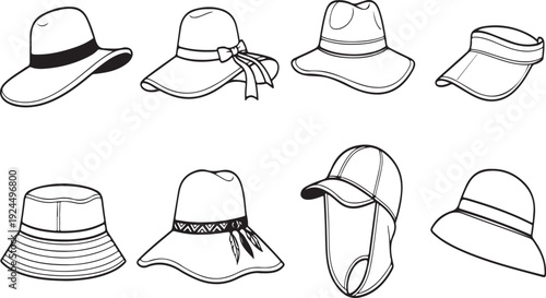 A diverse collection of eight stylish and practical hats for sunny days Vector