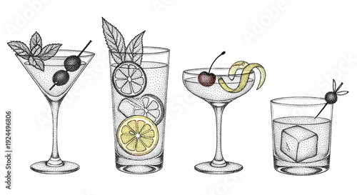 Collection of four classic cocktails illustrated in a stippling art style