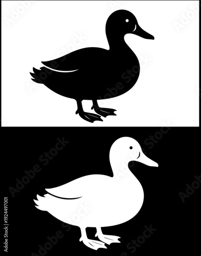 Farm animal icon, vector illustration of a duck, with silhouette design, in original and negative versions
