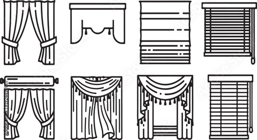 Variety of window coverings including curtains, blinds, and shades Vector