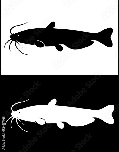 Farm animal icon, vector illustration of catfish, with silhouette design, in original and negative versions