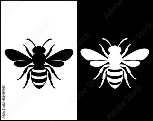 Farm animal icon, vector illustration of a bee, with silhouette design, in original and negative versions