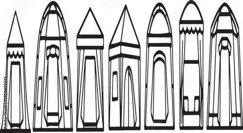 A variety of different tents displayed in a row for outdoor camping. Vector