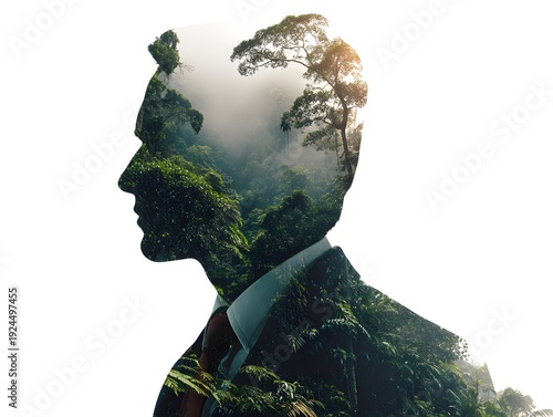 Inner Ecosystem: A surreal double exposure portrait merging a human silhouette with a vibrant, flourishing ecosystem, suggesting a profound connection between person and nature.