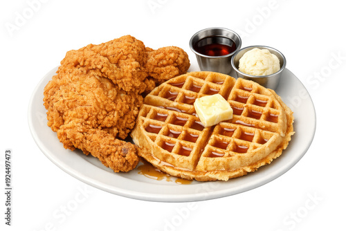 Fried chicken and waffle with butter and syrup