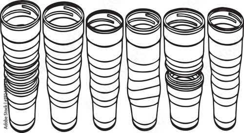 A collection of six unique cups with different designs and patterns. Vector