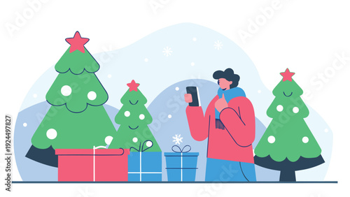 Person in a blue scarf using a phone between decorated Christmas trees and wrapped gifts in the snow.