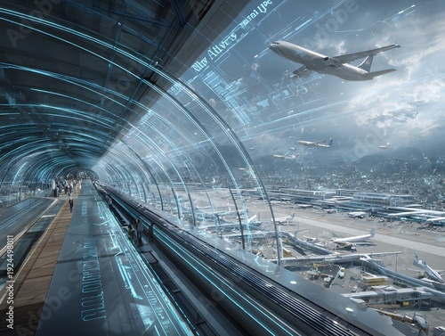 Futuristic Airport: A dynamic vista of a futuristic airport, where a person walks along an automated walkway.