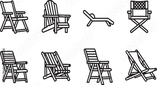 A collection of various types of chairs and loungers for outdoor use Vector