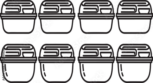 Eight bento boxes neatly arranged in two rows for meal prepping Vector