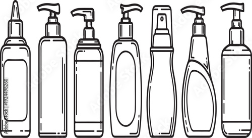 Assorted hand sanitizer bottles and dispensers in various shapes and sizes Vector