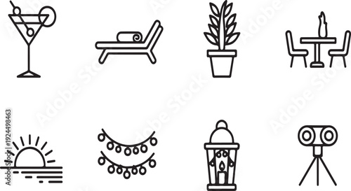 Icons representing various vacation and relaxation activities and items Vector