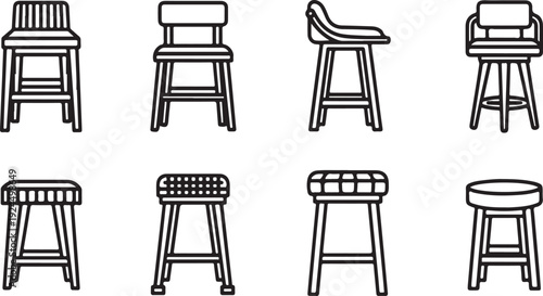 A diverse collection of eight different chair designs illustrated in black and white Vector