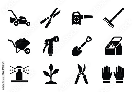 Gardening equipment for care of backyard and lawn with planting and cultivation tools