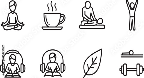 Illustrations of various activities and objects representing relaxation and self-care. Vector