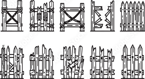 A collection of various fence and gate designs in a simple line drawing style Vector