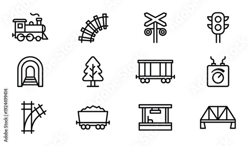 Model railway and train icons set with locomotive tracks tunnel bridge wagon and signal lights sign