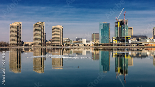 Reflective Afternoon View of Detroit Michigan with the city skyline reflecting