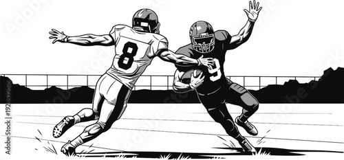 Dynamic american football player running with ball and being tackled: Design for sports tournament posters, team branding merchandise, or super bowl event flyers. Transparent background EPS version.