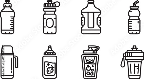 A collection of various water bottles and drink containers Vector