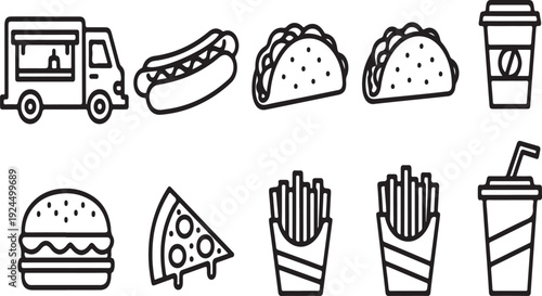 Assorted fast food items illustrated in a minimalist black and white design Vector