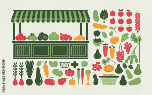 A vibrant illustration of a farmer's market with fresh produce and goods on display