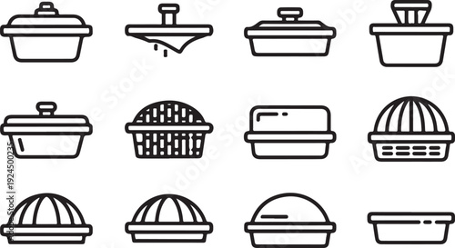 A collection of various types of food containers and lids in a grid layout Vector