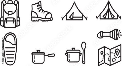 Illustration of camping equipment and supplies for outdoor adventures Vector