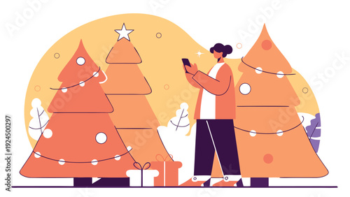 Person in an orange jacket holding a phone while standing next to illuminated Christmas trees and a gift box.