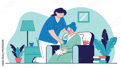 Home care nurse assists a smiling senior woman relaxing in an armchair with a cat and a cup of tea.