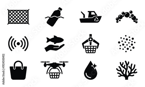 Set of vector icons depicting environmental protection ocean conservation and sustainable living concepts