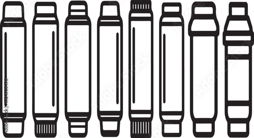 Assorted bottles and containers in a row, displaying various designs and sizes Vector