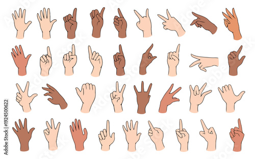 Illustrated collection of hand gestures from different skin tones in various poses