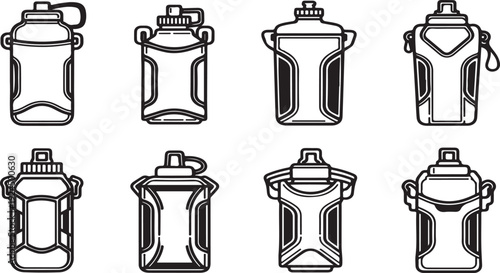 A collection of various water bottles and hydration packs for outdoor activities. Vector