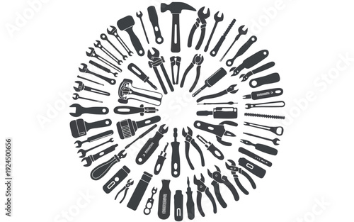 Assorted hand tools arranged in a circular pattern for visual display and organization