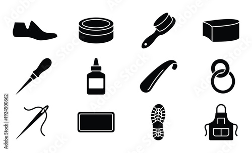 Shoe repair service vector illustration set for shoemaker workshop equipment