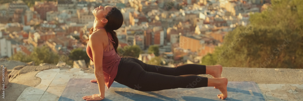 custom made wallpaper toronto digitalGirl is stretching, practicing yoga on the observation deck. Panoramic