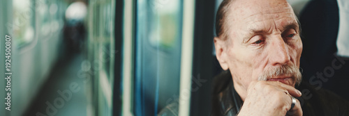 Wallpaper Mural Closeup portrait of pensive old man while traveling in train coupe. Panoramic Torontodigital.ca