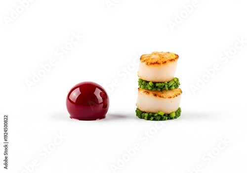 Wallpaper Mural A small red sphere and a stack of three scallops with green peas Torontodigital.ca