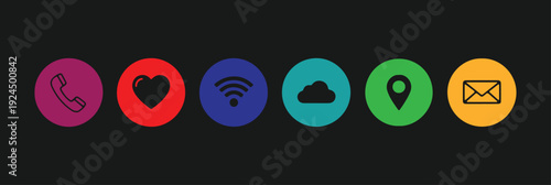 Colorful icons for communication and navigation on dark background