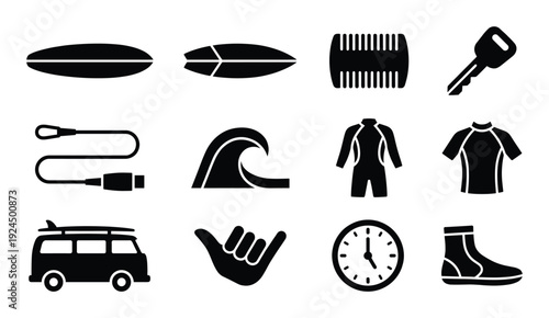 Surfing and water sports elements including surfboards van wetsuit wave leash clock and shaka hand