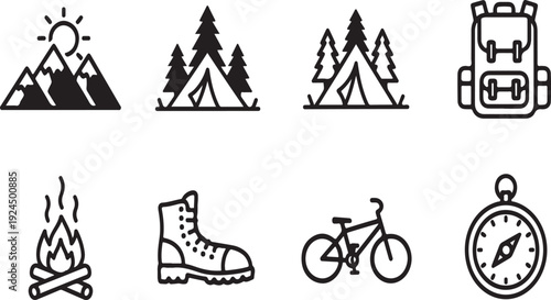 Outdoor adventure icons showcasing hiking, camping, and biking activities Vector