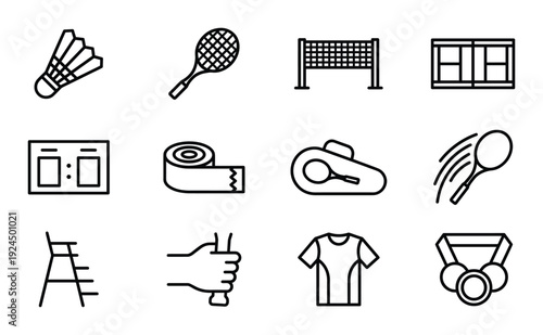Tennis set with racket and net for sport activity and recreation outline design vector