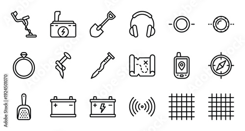 Treasure hunting equipment for archeological and prospecting activities vector art