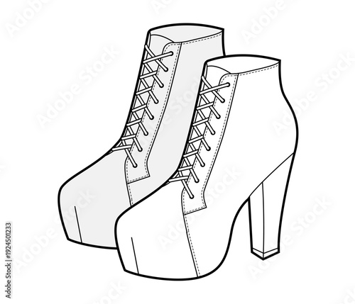 Platform ankle boot women sketch pair. Lace up high heel footwear for party, concert, fashion show outfit. Technical fashion illustration, CAD mockup, detailed vector men unisex isolated bold style.
