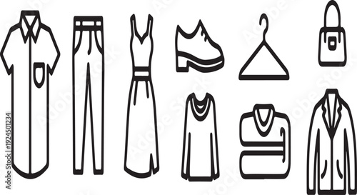 A variety of clothing items and accessories illustrated in a simple line drawing style. Vector