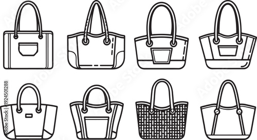 A variety of handbags and tote bags, each with unique styles and designs Vector