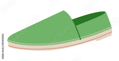 Green espadrille flat shoe women flat. Stitch detail canvas footwear for sunny outfit playful wardrobe. Technical fashion illustration CAD mockup smooth vector man unisex isolated trendy style.