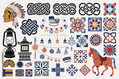 Diverse collection of indigenous and folk-inspired symbols, patterns, and artifacts